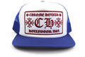 Chrome Hearts CH Hollywood Trucker Hat - Blue and White on Black