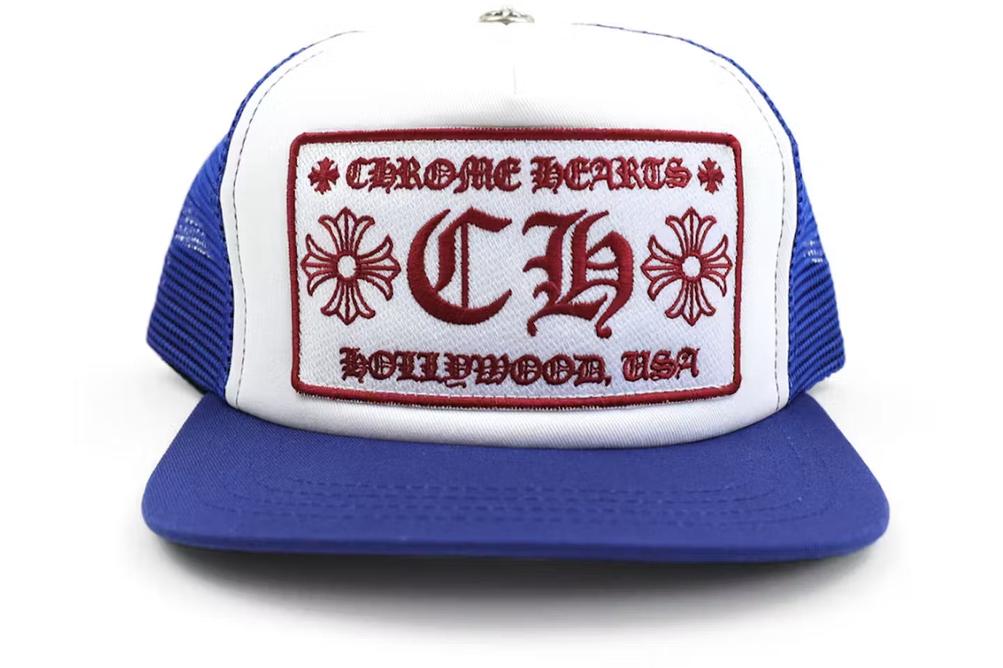Chrome Hearts CH Hollywood Trucker Hat - Blue and White on Black